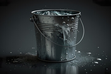 Metal bucket full of water on black. Vintage metal bucket. Metallic pail isolated. Realistic 3D illustration. Generative AI - obrazy, fototapety, plakaty