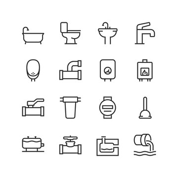 Home water piping, linear style icons set. Sewerage, facilities for water use. Use, cleaning and draining of water. Sewer. Effluent sewer. Editable stroke width