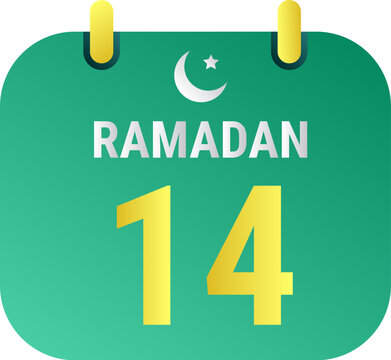 14th Ramadan Celebrate with White and Golden Crescent Moons. and English Ramadan Text.