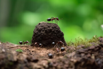 Ants macro image building a home and carrying leaves. Generative AI illustration