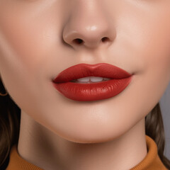 Fototapeta premium Sexy Lips close up, Beautiful Perfect Makeup, Bold red Lip Gloss, lipstick, big lips, Cosmetic beauty procedures 