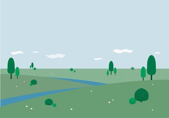 Flat natural green landscape view and blue sky background illustration. Summer green fields view, spring lawn hill and blue sky, vector background illustration. Place for text