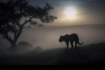Lion silhouette in savanna. Generative AI illustration