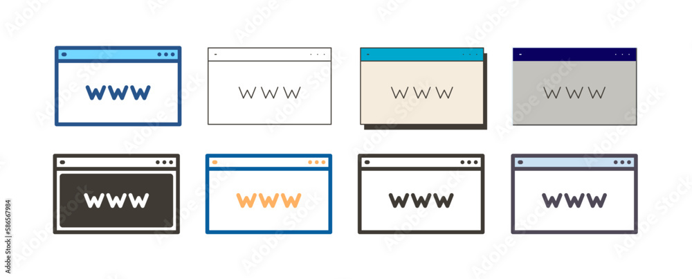 Wall mural web page layout with www. vector icon illustration in 8 different styles of a window showing world w