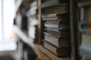 Blurred background of shelf with many multicolored books