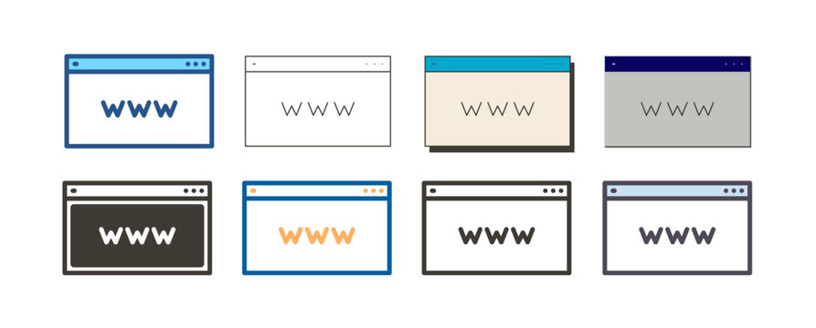 Web page layout with www. Vector icon illustration in 8 different styles of a window showing world wide web website icon