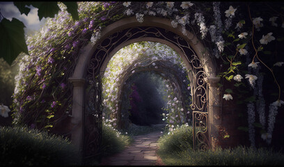  a painting of an archway with flowers growing on the sides of it and a pathway leading to the end of the tunnel is shown in the picture.  generative ai