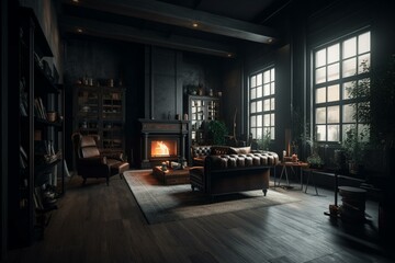 Naklejka na ściany i meble Dark living room loft with fireplace, industrial style, 3d render. Generative AI
