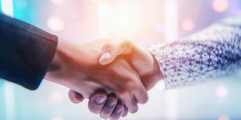 Businessmen engaging in a digital handshake, gesture of greeting and a sign of a potential business deal in digital world. Business cooperation, mergers and acquisitions,  digital background