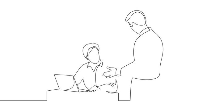 Animation of an image drawn with a continuous line. Two men communicate. Conversation of the head with the subordinate. Office scene.