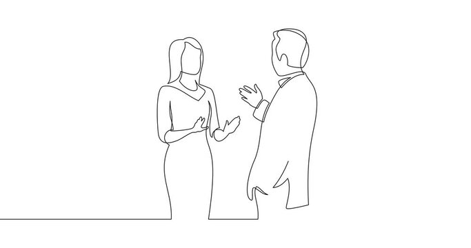 Animation of an image drawn with a continuous line. A man and a woman are talking.