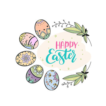 Decoration, holiday card with easter eggs and greenery, happy easter, on light background