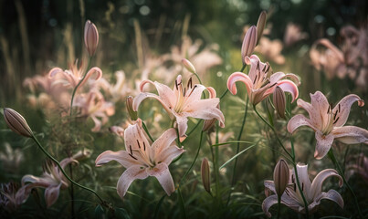  a bunch of pink flowers in a field of green grass and flowers in the foreground, with a blurry background of trees and bushes.  generative ai