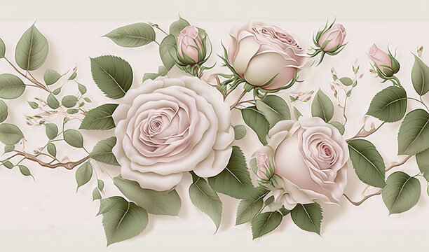  a picture of a bouquet of roses on a white background with green leaves and flowers on the border of the picture is an illustration of a bouquet of pink roses and green leaves.  generative ai