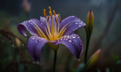 Fototapeta premium a purple flower with water droplets on it's petals and a dark background with grass and flowers in the foreground, with a few other flowers in the foreground. generative ai
