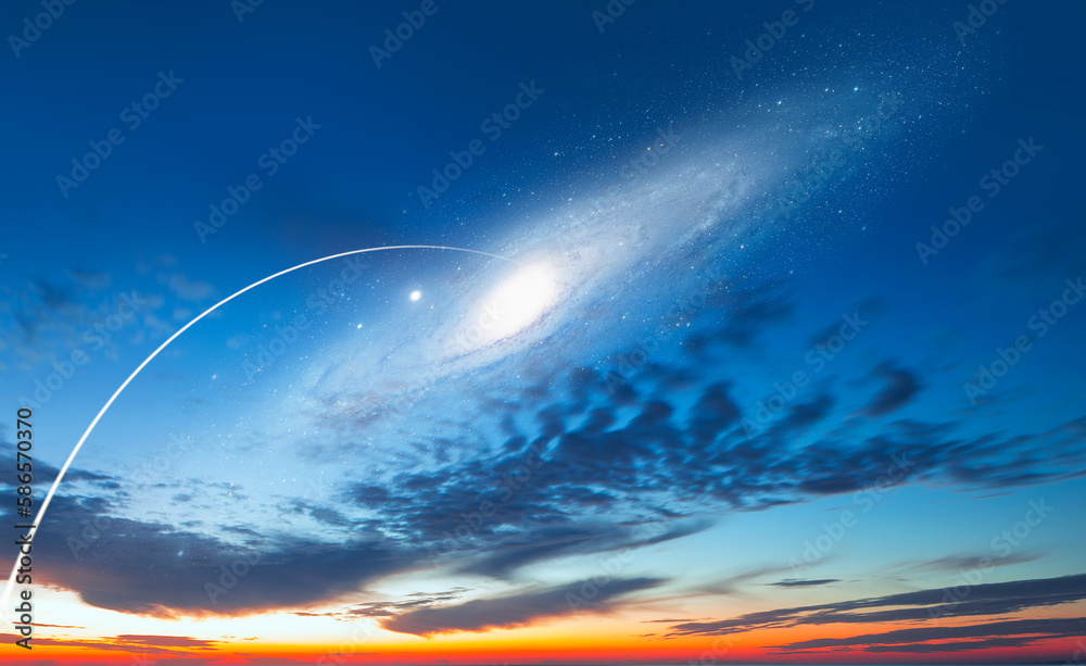 Poster long exposure night time rocket launch - planet earth with a spectacular sunset andromeda galaxy in 