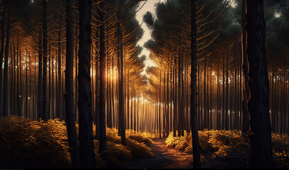  a painting of a path in a forest with tall trees at sunset or dawn with the sun shining through the trees and the sun shining through the trees.  generative ai