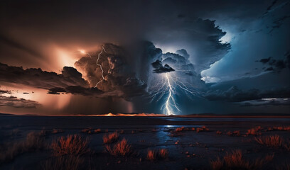  a lightning storm is coming in over a desert landscape with grass and bushes in the foreground and a dark sky with clouds and lightning.  generative ai