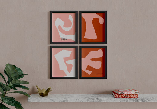 Four Frames on Shelf with Plants Mockup