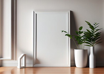 Portrait empty frame mockup with modern ceramic vase, dry grass in sunlight. Scandinavian interior, home design. AI Generated