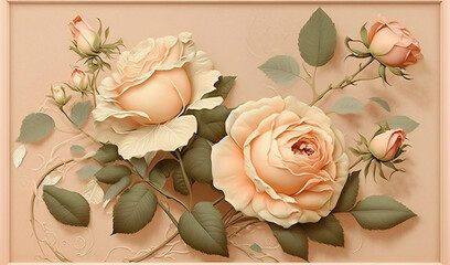  a painting of three pink roses with green leaves on a beige background with a white frame on the bottom of the picture is a pink wall.  generative ai