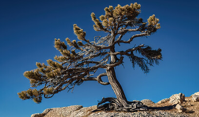  a lone pine tree growing on a rocky cliff face with a blue sky in the background of the photo, with a few small rocks below it.  generative ai