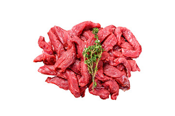 Raw beef Stroganoff meat.  Isolated, transparent background.
