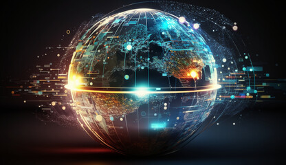 Obraz premium Global business network, software technology investment, data analysis and processing, data exchange, digital marketing concept, finance and modern technology background, Generative Ai.