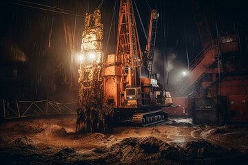 Fototapeta na wymiar A drilling rig is working on a site. Deep hole drilling. Geological exploration work. Mineral exploration. Powerful drill drills a well. Generative AI
