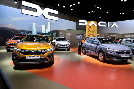 Dacia Sandero and Dacia Jogger cars showcased at the Brussels Autosalon European Motor Show. Brussels, Belgium - January 13, 2023.