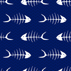 Carp fish skeleton seamless pattern vector illustration in white and blue colors.