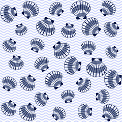 Bivalve mollusk cockleshell on waves backdrop, oceanic sea shell seamless pattern.