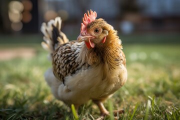brown and white chicken standing on a green field. Generative AI