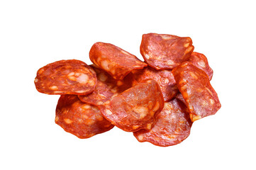Chorizo sausage thin cut. Spanish salami with spices, paprika, pepper. Spicy food.  Isolated,...