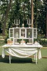 Luxury candy bar with lemonade in vintage white cabinet on nature in forest. Wedding sweets and candy bar. Wedding decor