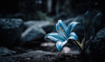  a blue flower sitting on top of a rocky ground next to a forest filled with trees and rocks, with a dark background of rocks and leaves.  generative ai