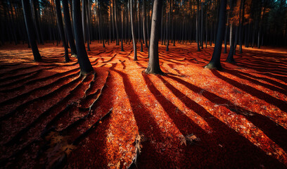  a forest filled with lots of trees and red dirt on the ground with long shadows on the ground and the ground is covered in red leaves.  generative ai