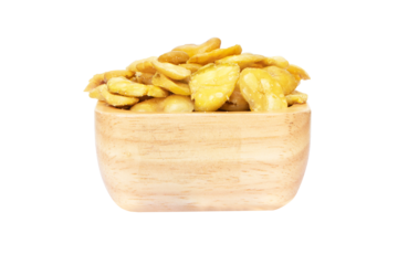 Nuts salt baking or Salted broad beans or vicia faba on wooden cup. Crispy it's a snack. It is popular at parties and as a light snack. Isolated on cutout PNG.