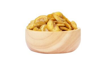 Nuts or Salted broad beans or vicia faba salt baking, in wooden cup. Crispy it's a snack. It is...