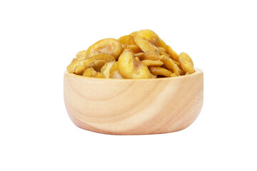 Nuts or Salted broad beans or vicia faba salt baking, in wooden cup. Crispy it's a snack. It is popular at parties and as a light snack. Isolated on white cot out PNG.	