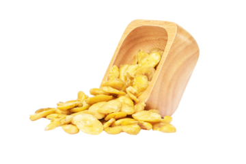 Side photo Nuts or Salted broad beans or vicia faba salt baking, overflows from wooden cup. Crispy it's a snack. It is popular at parties and as a light snack. Isolated on cutout PNG.