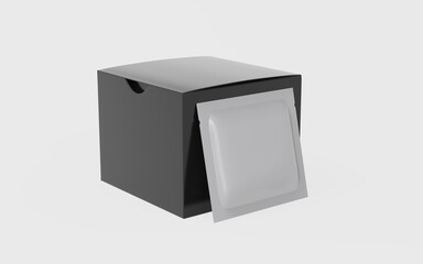 Realistic cardboard box with sachet mockup. Perspective view. 3d illustration isolated on white background. Ready for your design.