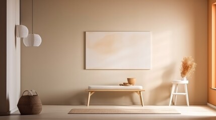 This mockup features a light beige wall with a horizontal blank painting, waiting for your artistic touch.