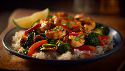 Stir fry rice with vegetables and shrimps in iron pan. Slate background. AI Generated