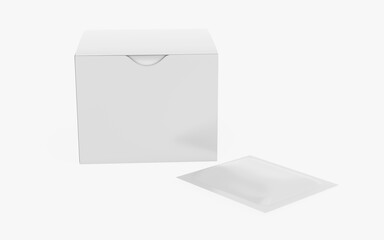 Realistic cardboard box with sachet mockup. Perspective view. 3d illustration isolated on white background. Ready for your design.