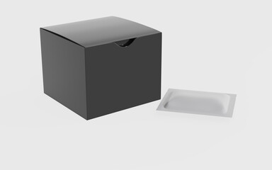 Realistic cardboard box with sachet mockup. Perspective view. 3d illustration isolated on white background. Ready for your design.