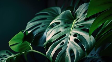 Fototapeta na wymiar This macro photo captures the intricate details and vibrant green hues of fresh tropical monstera leaves. The lighting is carefully positioned to enhance the natural beauty of the foliage and create a