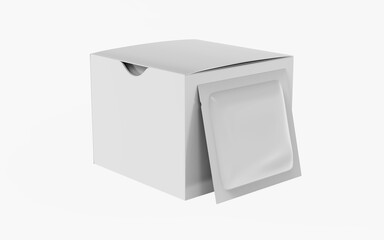 Realistic cardboard box with sachet mockup. Perspective view. 3d illustration isolated on white background. Ready for your design.