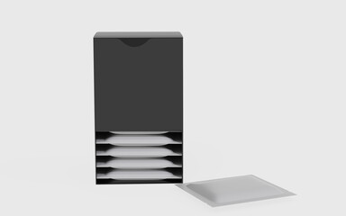 Realistic cardboard box with sachet mockup. Perspective view. 3d illustration isolated on white background. Ready for your design.