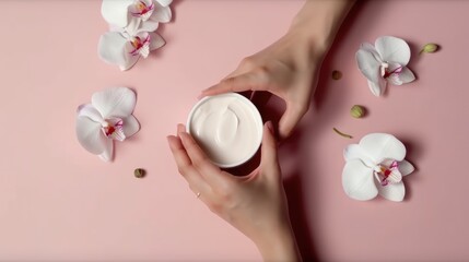 In this image, a young woman is seen moisturizing her hand with a cosmetic cream that is designed to regenerate the skin. The cream is applied in a gentle and smooth manner, and the woman's hand appea